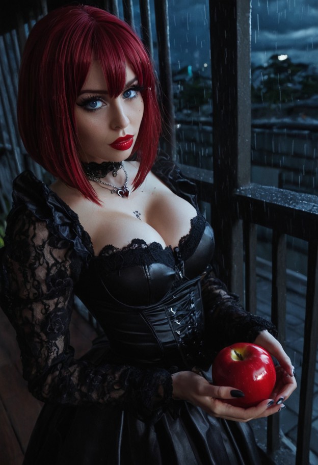 a beautiful woman in a black gothic lolita dress,standing on a rainy balcony in tokyo at night. her eyes are glowing …