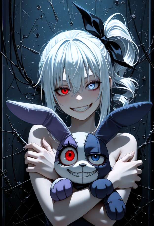 9:16 aspect ratio,psychological horror anime style. a young girl with a distorted,manic expression and wide,unhinged …