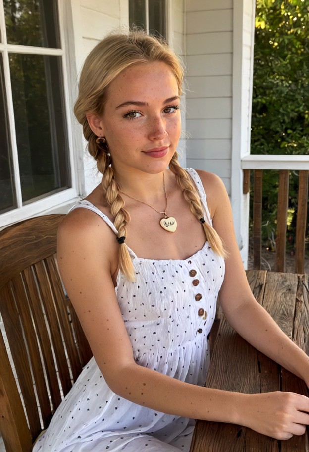 taylor sits on a wooden chair at an outdoor table,white cotton sundress,wooden porch,weathered railing,lemonade pitch…
