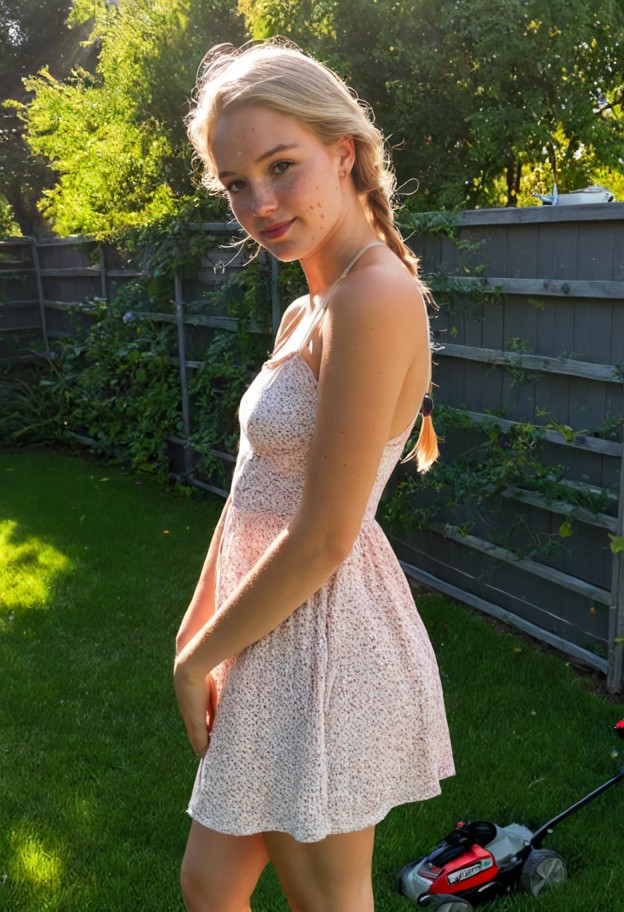 taylor stands by the fence,solo,pink sundress,leather sandals,residential garden,wooden fence,green grass,lawnmower,m…