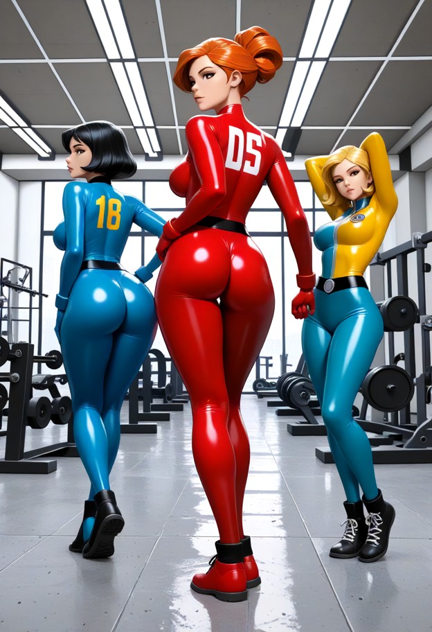 the totally spies walking through a modern gym,yellow spandex bodysuit,red spandex bodysuit,blue spandex bodysuit,mod…