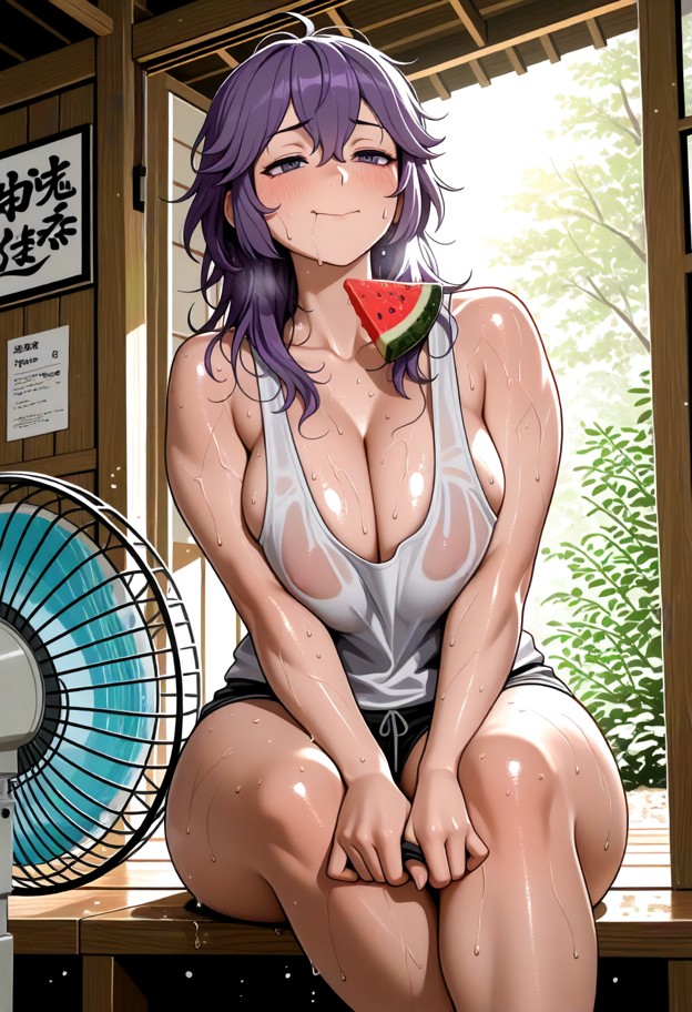 1girl,solo,anime style,extremely hot japanese countryside summer,sitting on a wooden engawa of a traditional japanese…