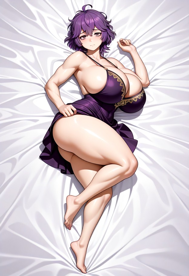 1girl,lying on bed,dakimakura,long legs covered by dress,blush lines,naked,fully naked,top view,fullbody,white backgr…