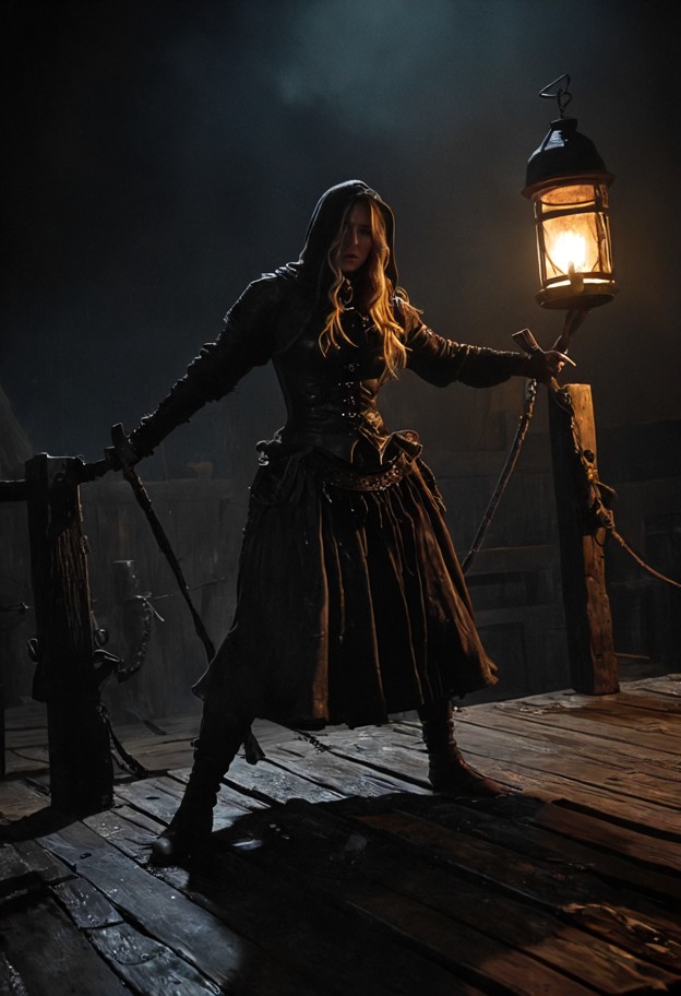 hyper-realistic
 cinematic wide shot of a dark,medieval execution square at midnight. 
in the center,a distressed wom…