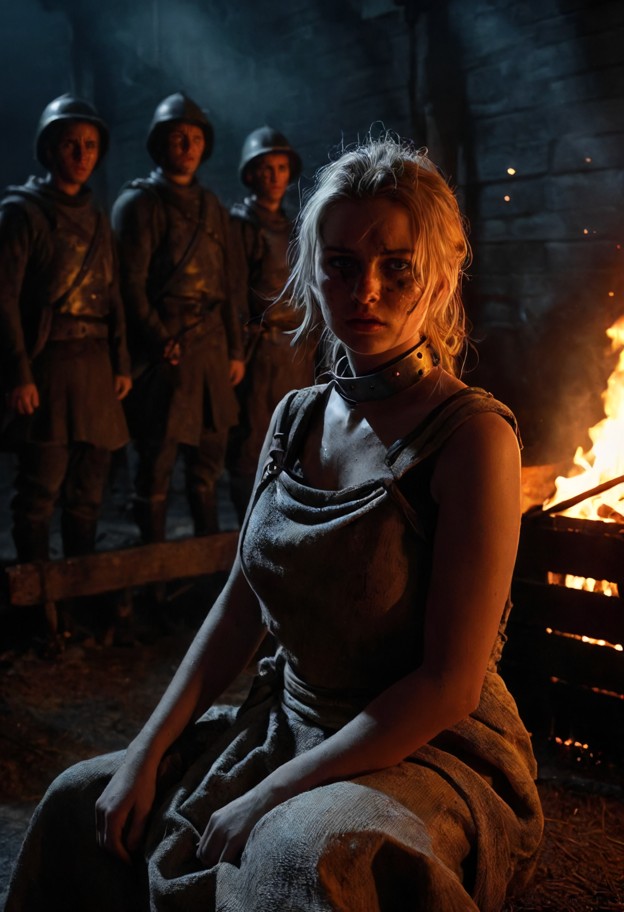 A dark, gritty medieval fantasy scene at night. In the foreground, a 
young, impoverished female squire sits by a low…