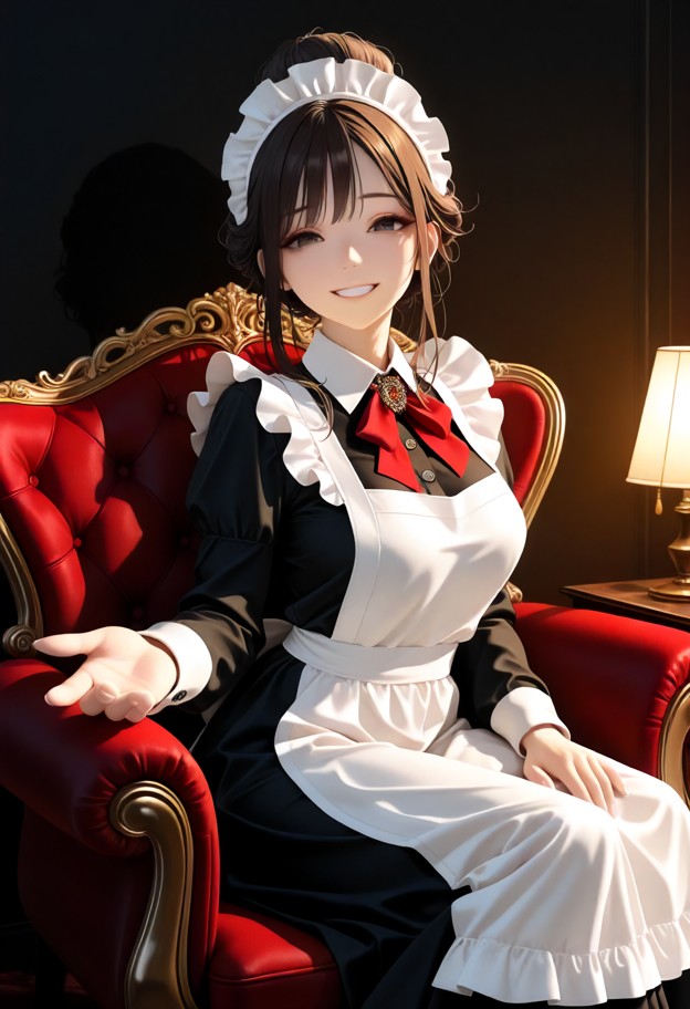 she is sitting in an armchair and reaching out to touch an arm,black silk slip dress,gold jewelry,dimly lit room,plus…