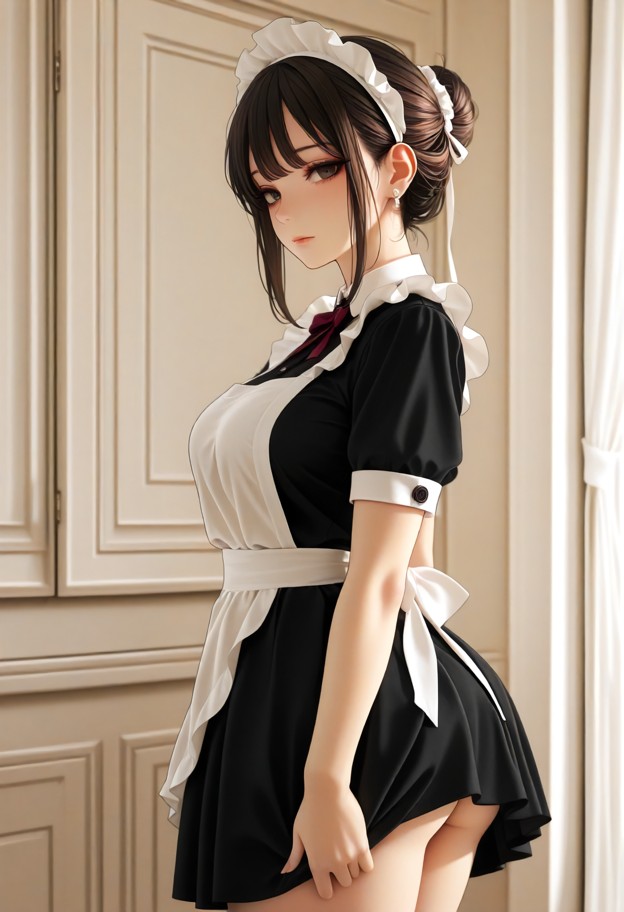 maid outfit,apron,ribbons,uniform,soft makeup,simple accessories