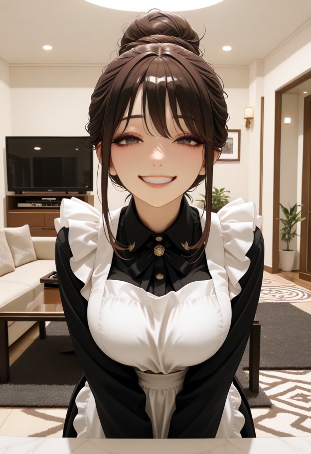 maid outfit,apron,ribbons,uniform,soft makeup,simple accessories,full-body view,head-to-toe composition,centered fram…