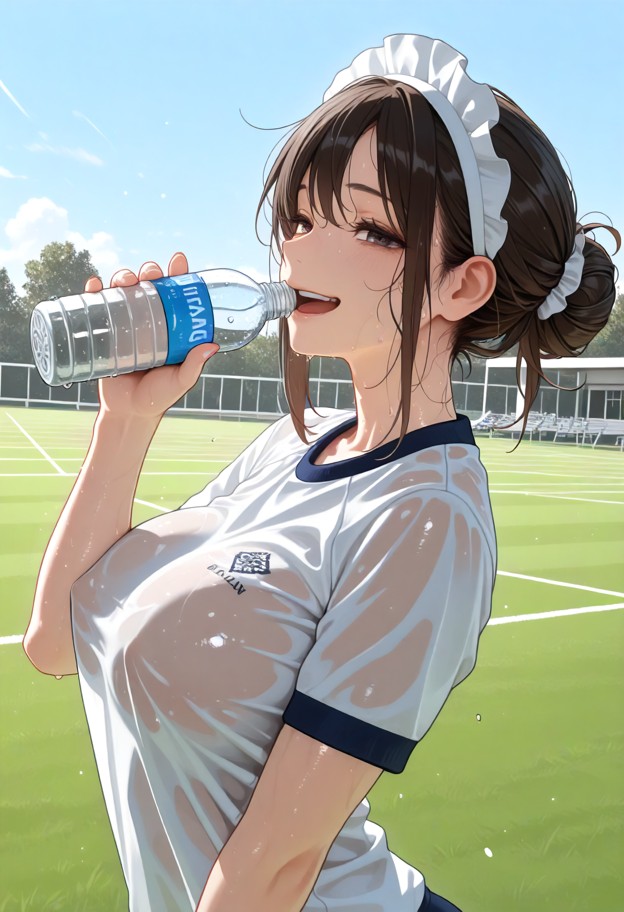 1girl,solo,gym_uniform,school gym outfit,very_sweaty,sweat,sweaty_clothes,maid headband,nipples visible through shirt…