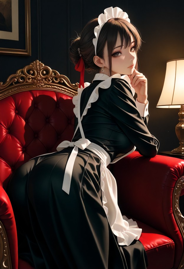 she is sitting in an armchair and reaching out to touch an arm,black silk slip dress,gold jewelry,dimly lit room,plus…