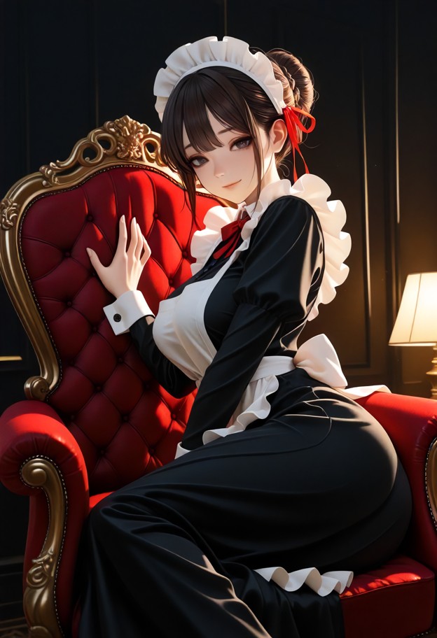 she is sitting in an armchair and reaching out to touch an arm,black silk slip dress,gold jewelry,dimly lit room,plus…
