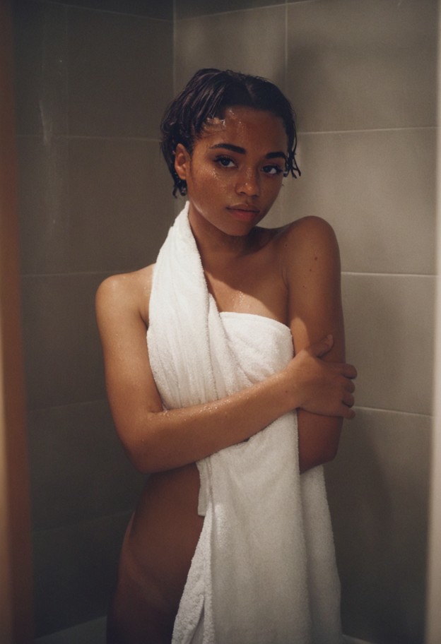 towel_wrap,bath_towel,body_towel,wrapped_in_towel,towel_over_shoulders,sad,sad eyes,slight frown,emotional expression…