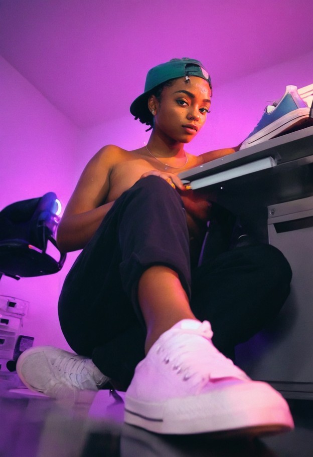 streetwear,baggy pants,sneakers,cap,urban fashion,minimal accessories,serious,serious look,focused eyes,composed face…
