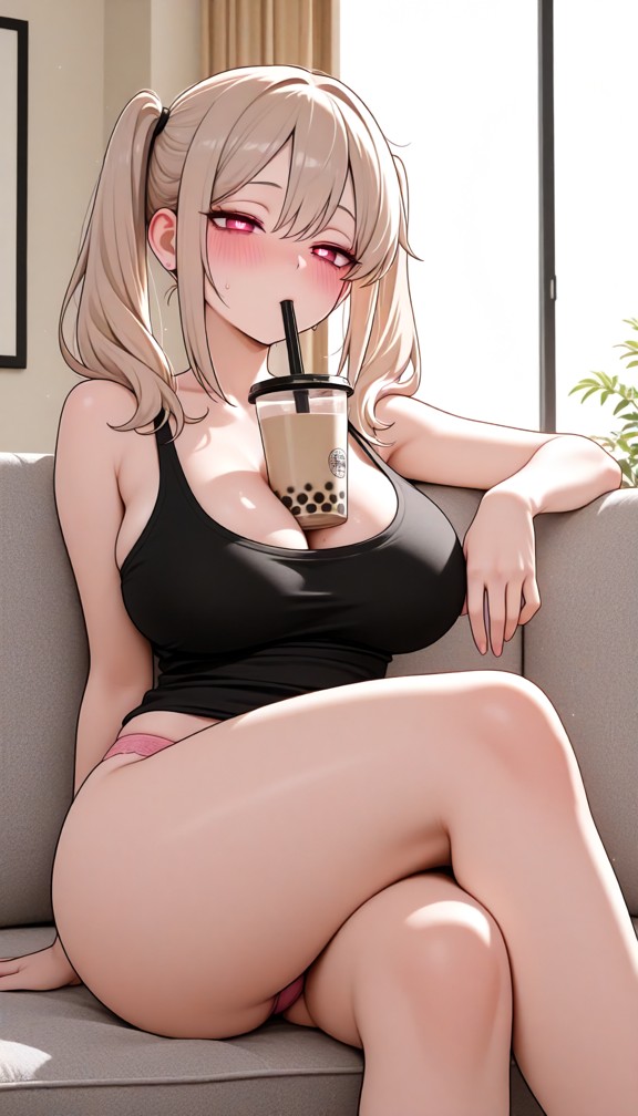 1girl,black tank top,cleavage,pink panties,bubble_tea,bubble_tea on boobs,bubble tea on cleavage,sipping on straw,cro…