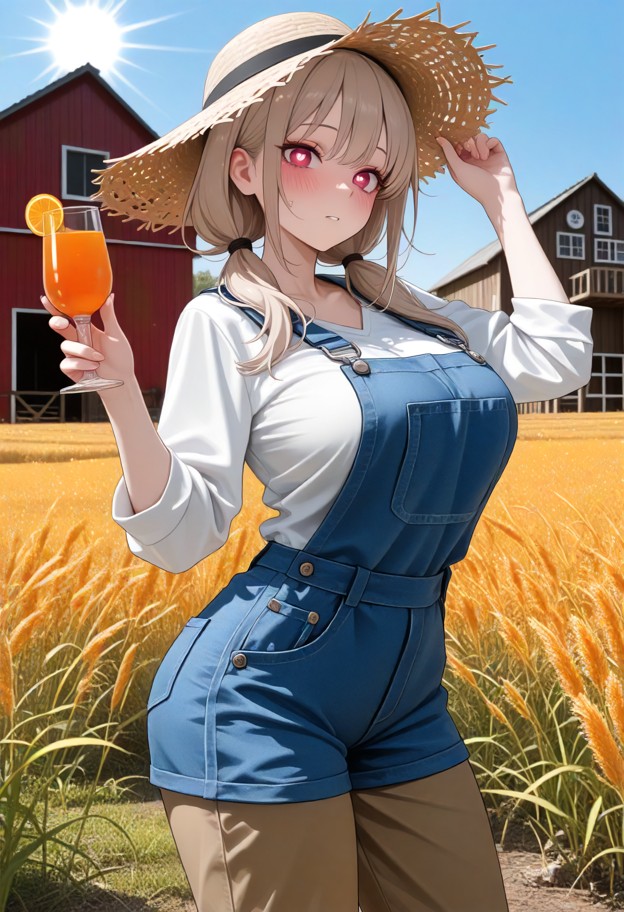 1girl,farmer,straw hat,farmer clothes,blue overall,brown pants,white shirt,field,grass,holding a glass of orange juic…