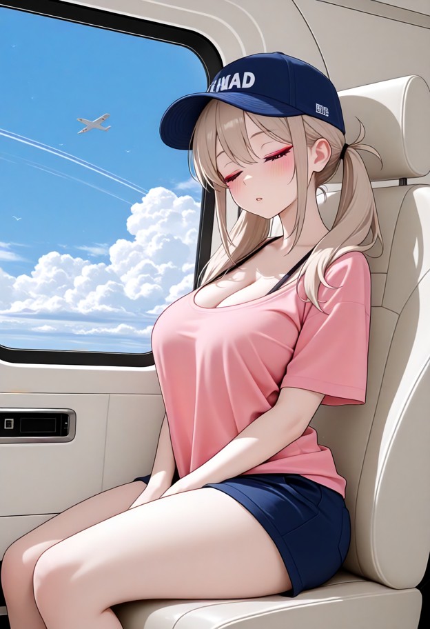 1girl sleeping,eyes closed,wearing blue cap,pink t-shirt,exposed bra strap,dark blue shorts,sitting in airplane seat …