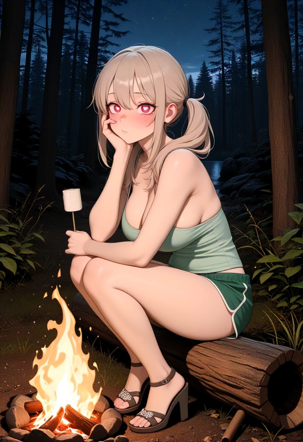 1girl,camping,forest,camping clothes,green shorts,campfire,marshmallow,holding marshmallow on a stick,one hand on fac…