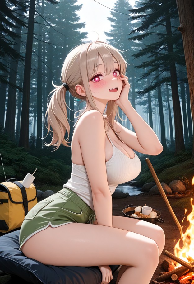 1girl,camping,forest,camping clothes,green shorts,campfire,marshmallow,marshmallow on a stick,one hand on face,happy,…