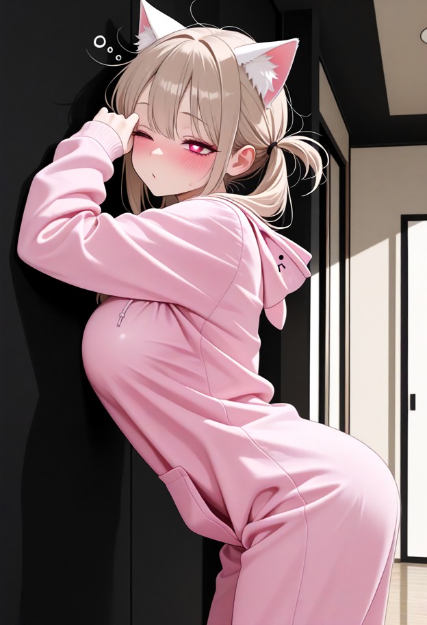 1girl,onesie,pink cat onesie,pink cotton cat ears,leaning on wall,sleepy,drowsy,half-closed_eyes,rubbing one eye,dark…