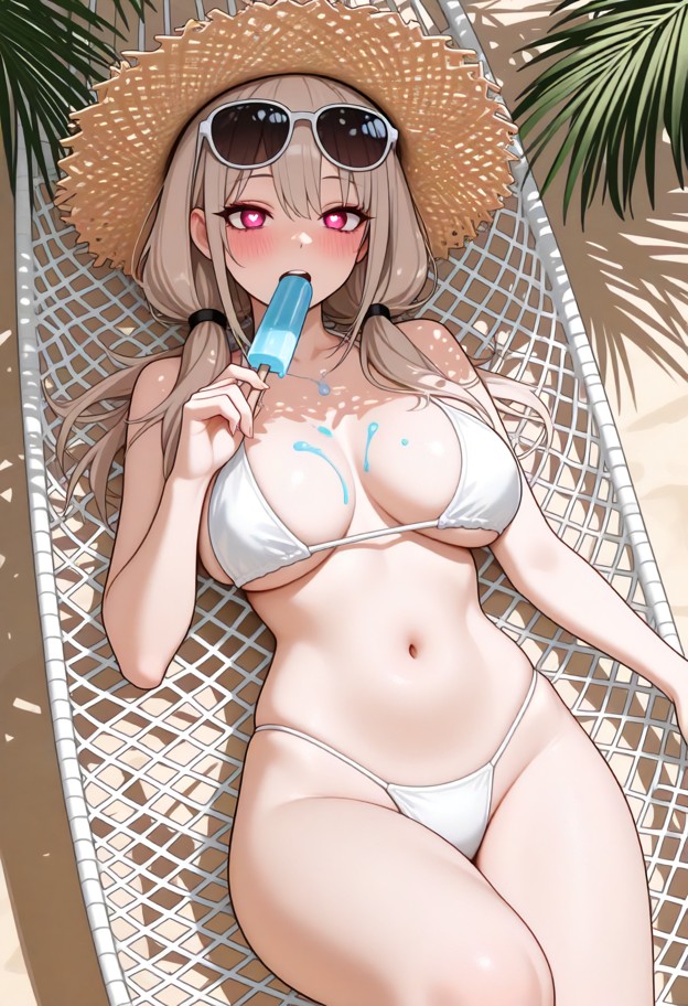 1girl,white_bikini,straw hat,sunglasses,laying down on a hammock,hammock,palm trees,sand,shadow,solo,eye contact,pops…