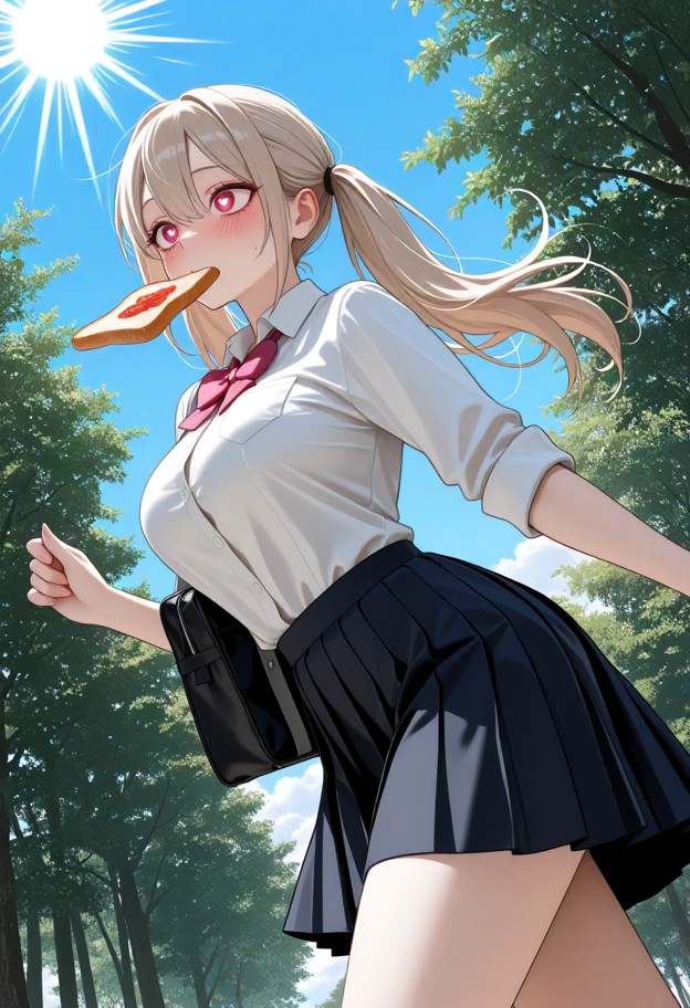 1girl,school_uniform,school girl uniform,skirt,running,toast_in_mouth,wide eyes,blue sky,pretty clouds,sun,sun rays,n…
