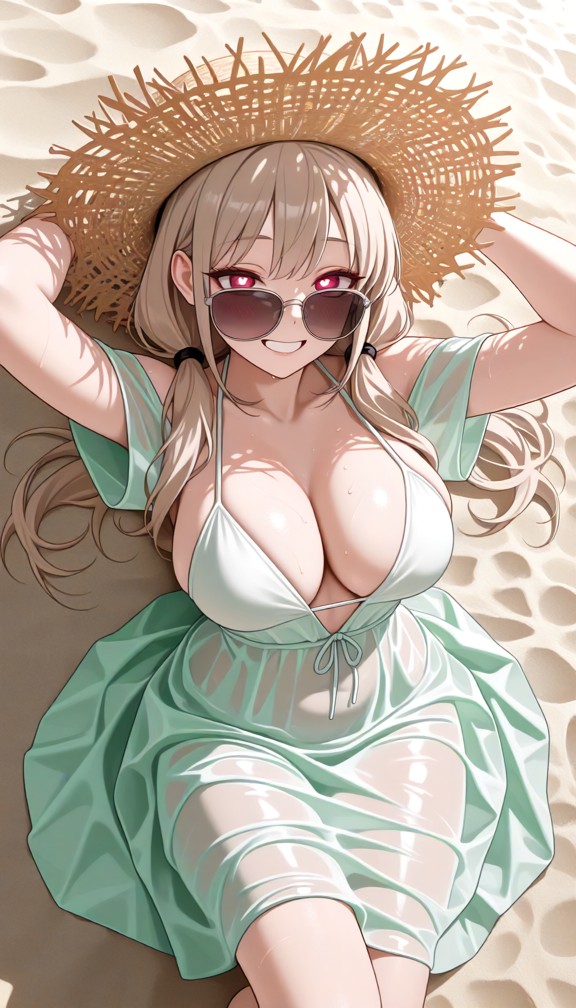 1girl,laying down on the sand,straw hat,sun glasses,green wet summer dress,seethrough dress,white bikini underneath,v…