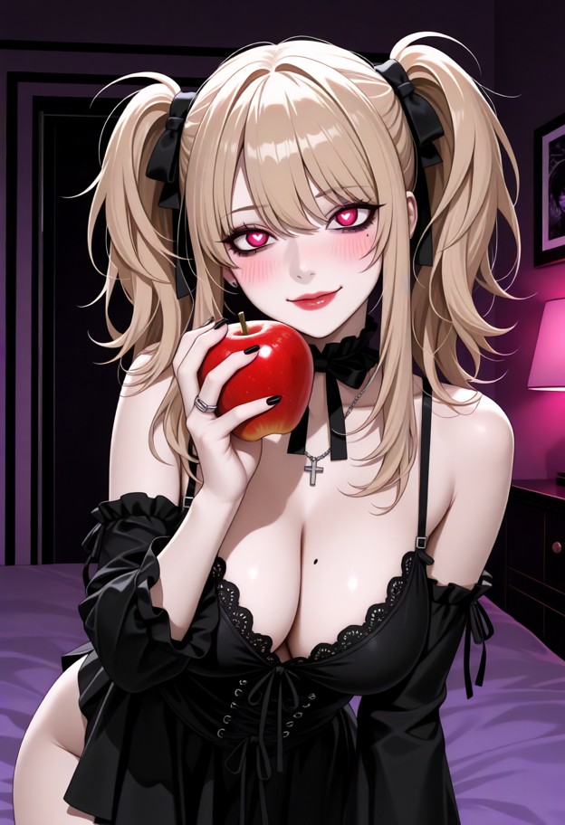 1girl,misa amane (death note),cosplaying as misa amane (death note),red_lips,gothic lolita clothes,black eyeliner,smi…