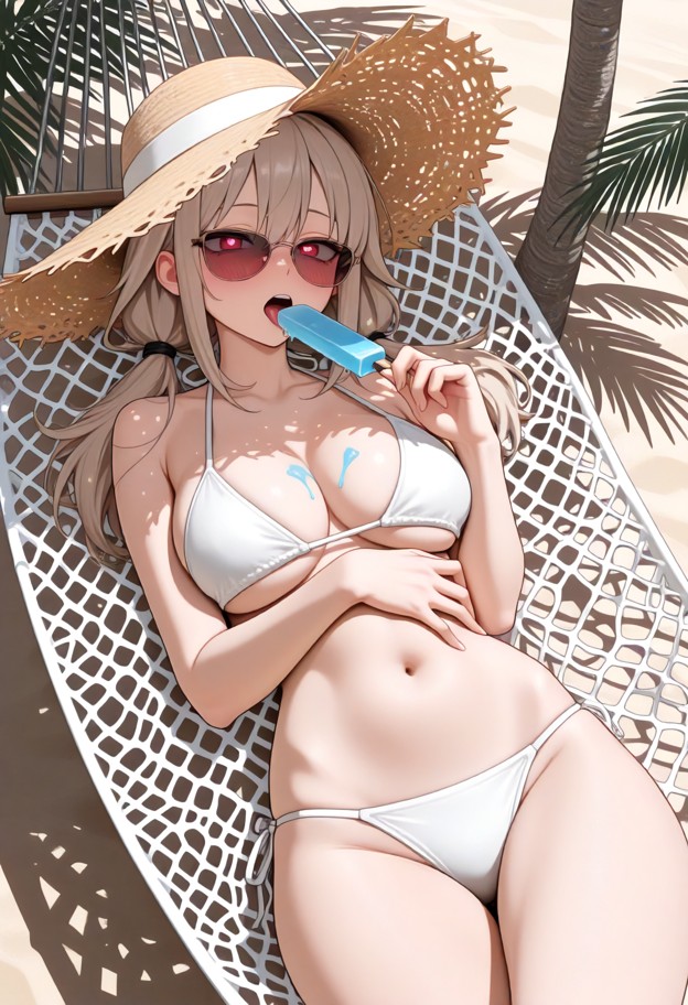1girl,white_bikini,straw hat,sunglasses,laying down on a hammock,hammock,palm trees,sand,shadow,solo,eye contact,pops…