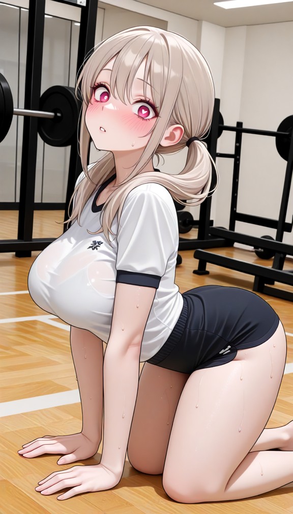 1girl,gym,gym clothes,compressed black cropped top,compressed black shorts,doing push ups,sweating,focused expression…