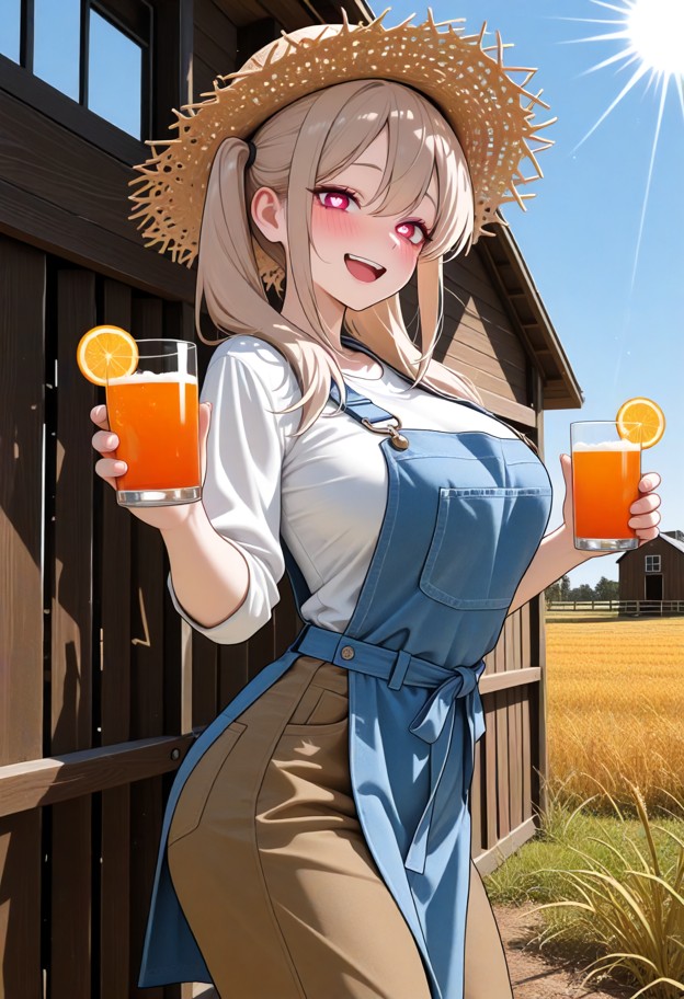 1girl,farmer,straw hat,farmer clothes,blue overall,brown pants,white shirt,field,grass,holding a glass of orange juic…