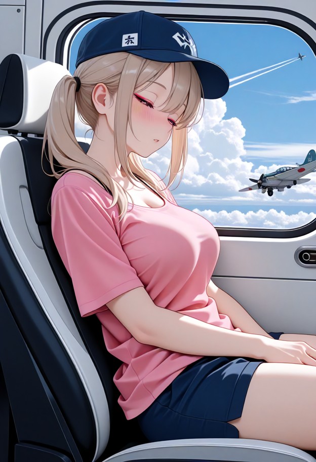1girl,airplane seat,sleeping,closed eyes,leaning on other's shoulder,pink t-shirt,visible bra strap,blue cap,dark blu…