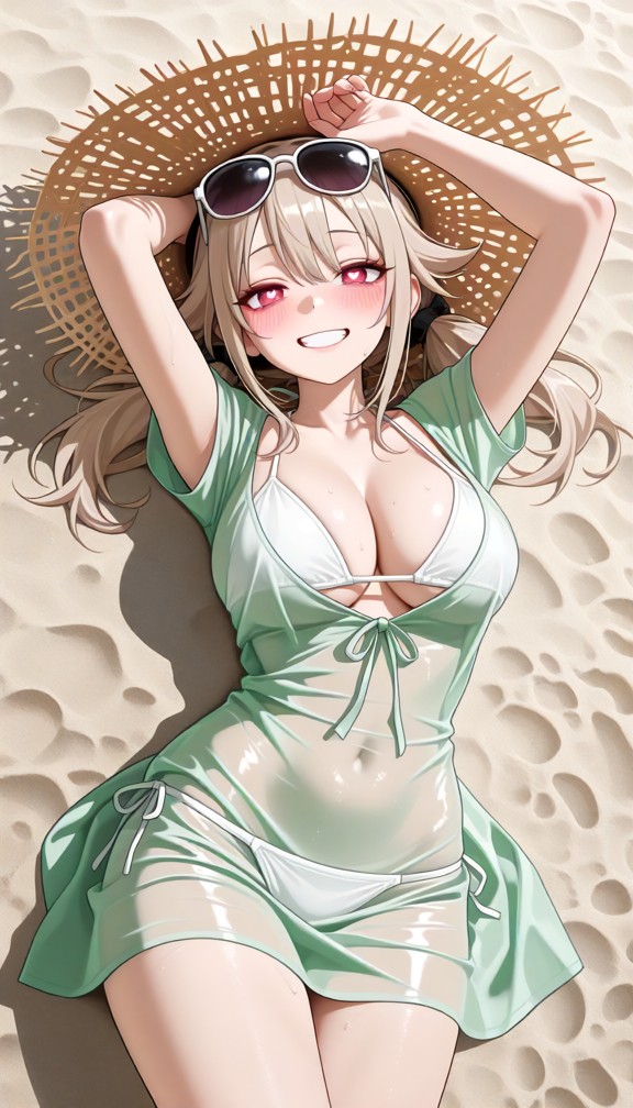 1girl,laying down on the sand,straw hat,sun glasses,green wet dress,seethrough dress,white bikini underneath,visible …