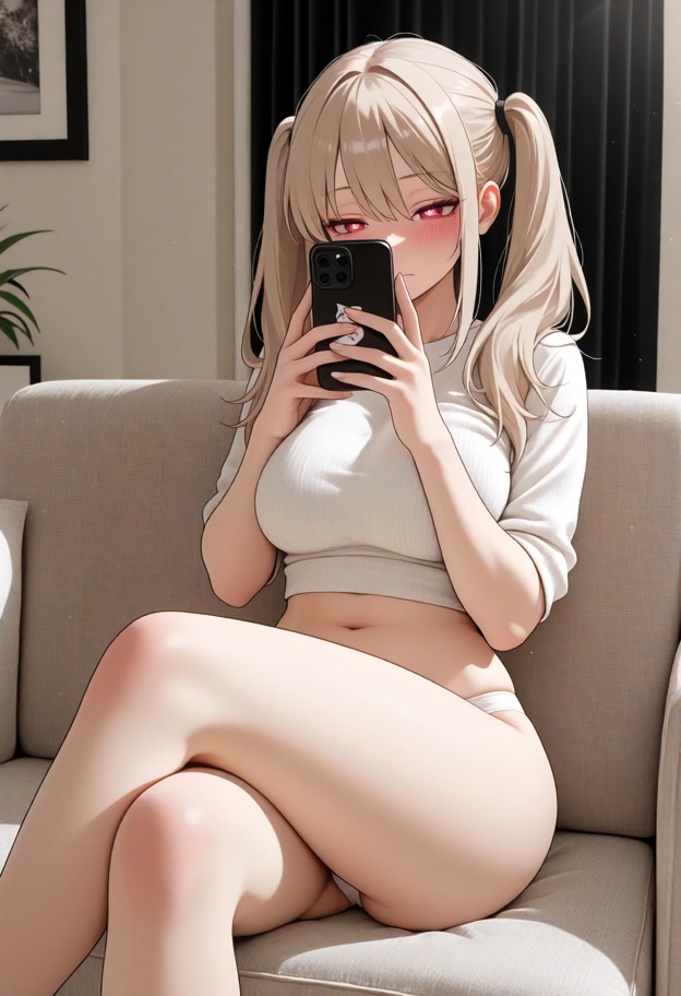 1girl,black cropped top,white panties,sitting on the couch,looking at her phone,crossed legs,holding her phone with b…