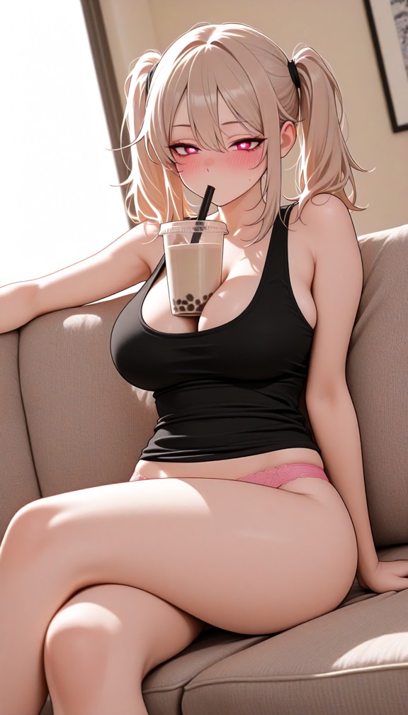 1girl,black tank top,cleavage,pink panties,bubble_tea,bubble_tea on boobs,bubble tea on cleavage,sipping on straw,cro…
