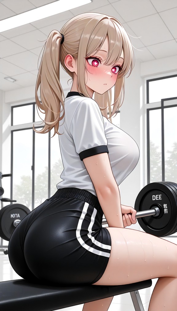 1girl,gym,gym clothes,compressed black cropped top,compressed black shorts,sweating,focused expression,looking down,s…