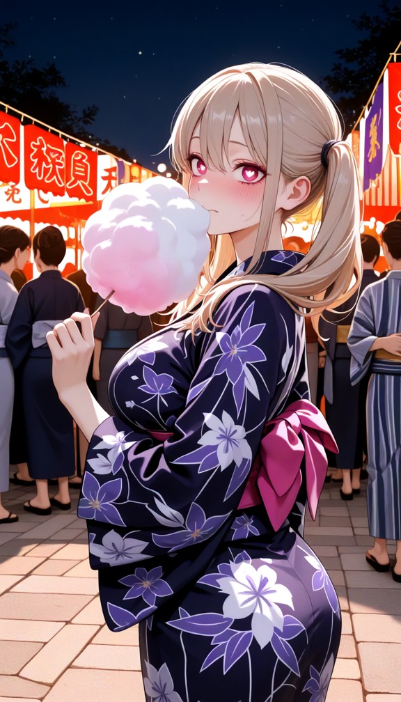 1girl,yukata,black and purple yukata,eating cotton candy,festival,night,outside,festival barracks,people in the backg…