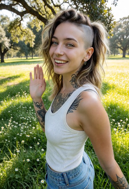 Location: a sun-drenched public park during a bright afternoon, with lush green grass, scattered wildflowers, and sof…