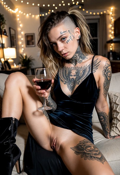 Location: evening in a cozy, lived-in apartment with warm fairy lights strung across the ceiling and soft ambient lig…