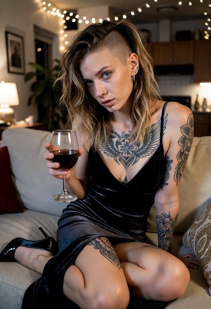 Location: evening in a cozy, lived-in apartment with warm fairy lights strung across the ceiling and soft ambient lig…