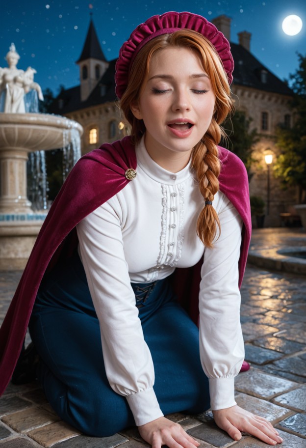she is,solo,sitting on cobblestones,leaning forward,eyes closed,mouth open,hands in hair,magenta wool cape,pom-pom tr…