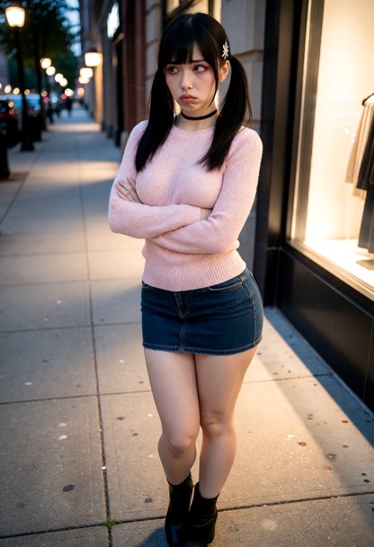 Location: late evening on a quiet urban sidewalk with the warm glow of a nearby storefront window reflecting off the …