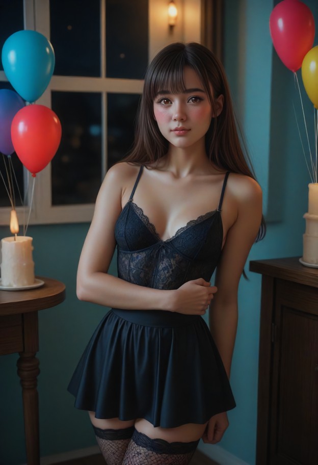 she is is standing near the window looking sad,black lace dress,black fishnet stockings,black skirt,dimly lit small a…