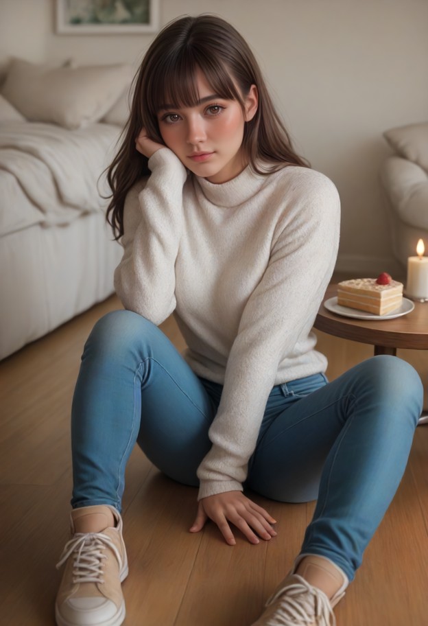 1girl sitting at table by candlelight,elbows resting on tabletop,wearing a formfitting white sweater,jeans,and scuffe…