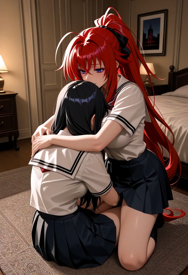 rias performing cunnilingus on akeno,white short-sleeved school blouse,dark pleated school skirt,bedroom,soft carpet,…