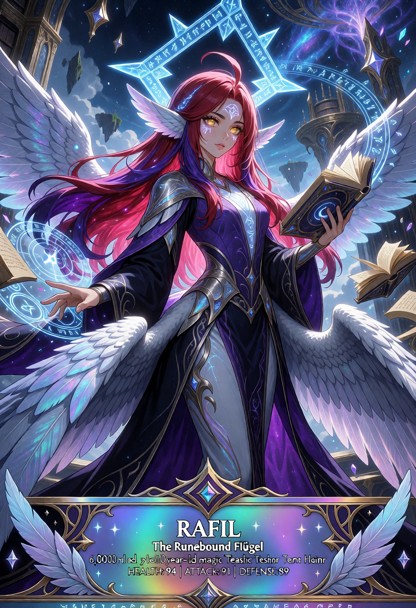 Premium fantasy trading card artwork featuring Rafil, titled “The Runebound Flügel,” with her name prominently displa…