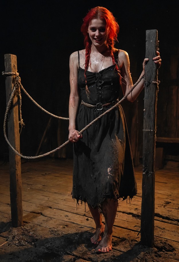 ultra-realistic,gritty cinematic shot of a medieval execution stage at night. in 
the foreground,a distressed woman i…