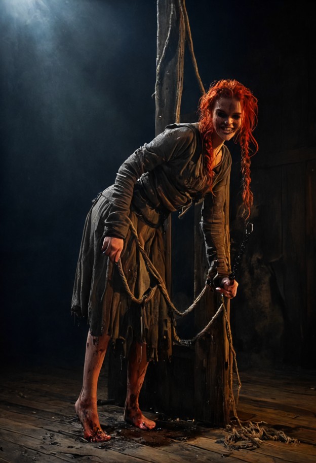 ultra-realistic,gritty cinematic shot of a medieval execution stage at night. in 
the foreground,a distressed woman i…