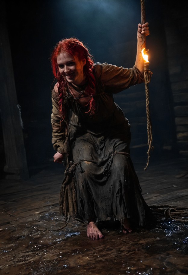 ultra-realistic,gritty cinematic shot of a medieval execution stage at night. in 
the foreground,a distressed woman i…