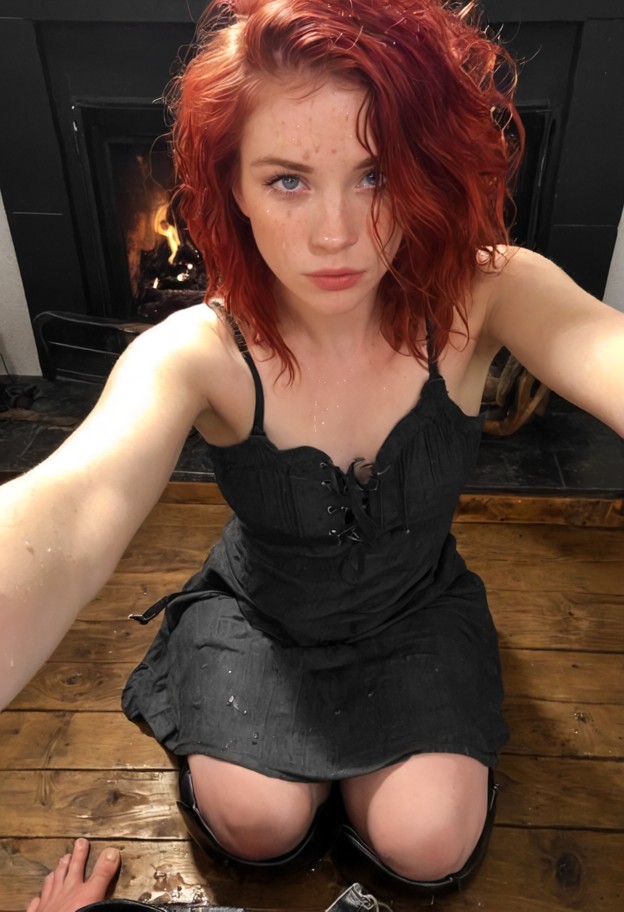 1girl kneeling,dim lighting,study room,wooden floorboards,fireplace,linen chemise,nervous,clasped hands,leather ridin…