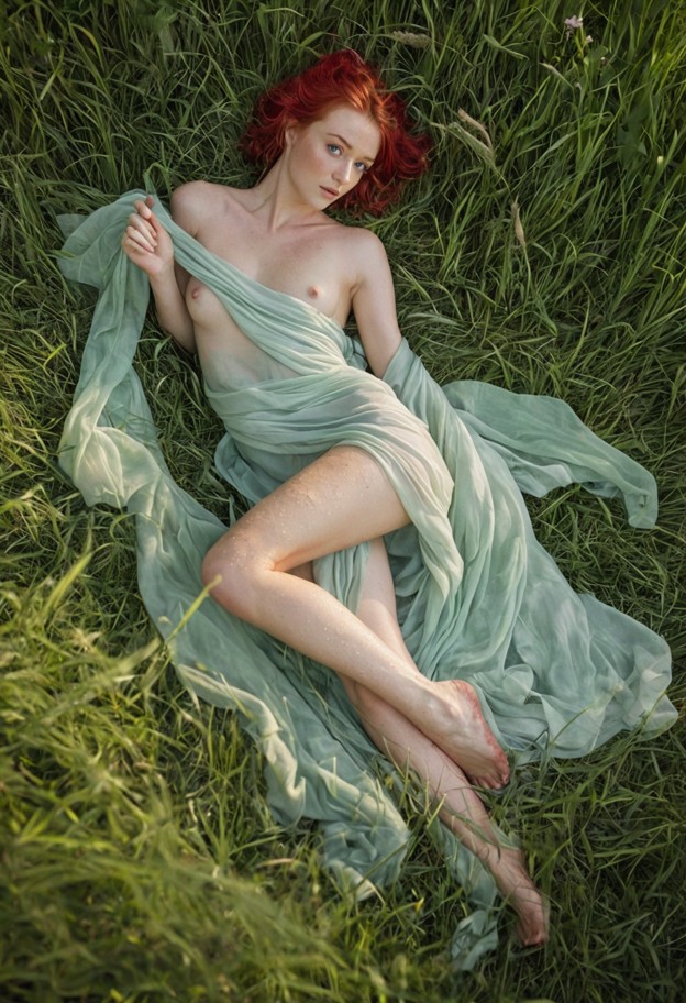a high-angle bird's eye view shot of a woman lying peacefully in a lush,green meadow. she is elegantly wrapped in flo…